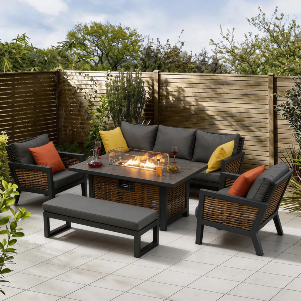 Furniture One 7 Seater Grey Aluminium Outdoor Lounge Set with Fire Pit Table Image 1