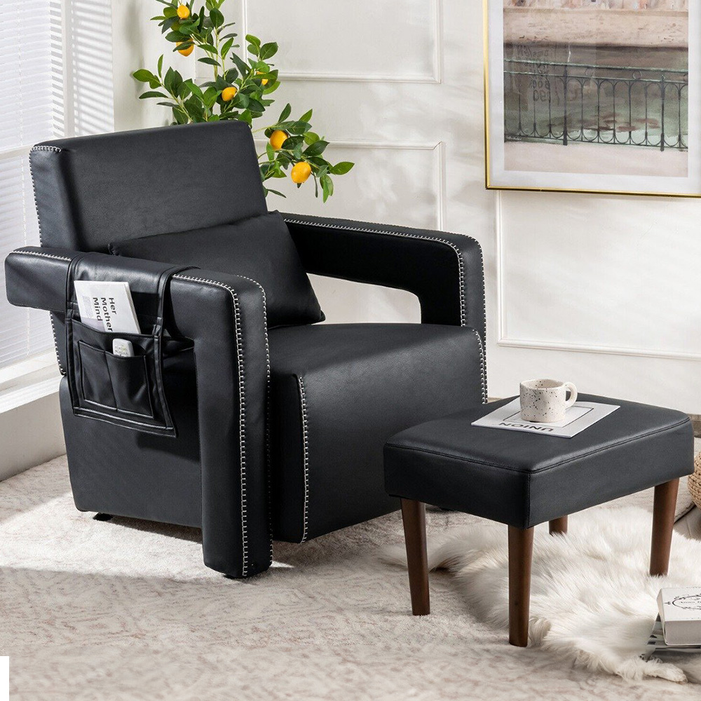 Costway Black Padded Accent Chair with Footstool Image 1