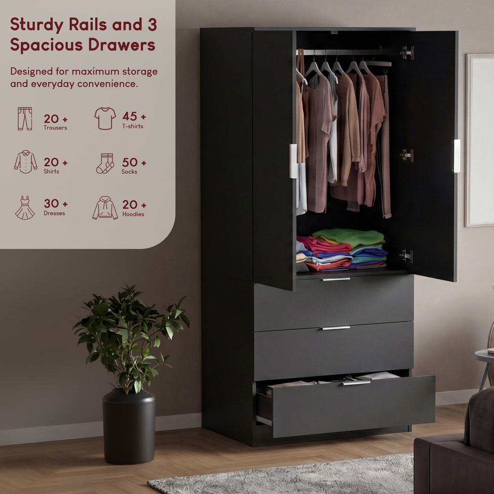 VIDA DESIGNS Trega 2 Door 3 Drawer Black Wardrobe Image 7
