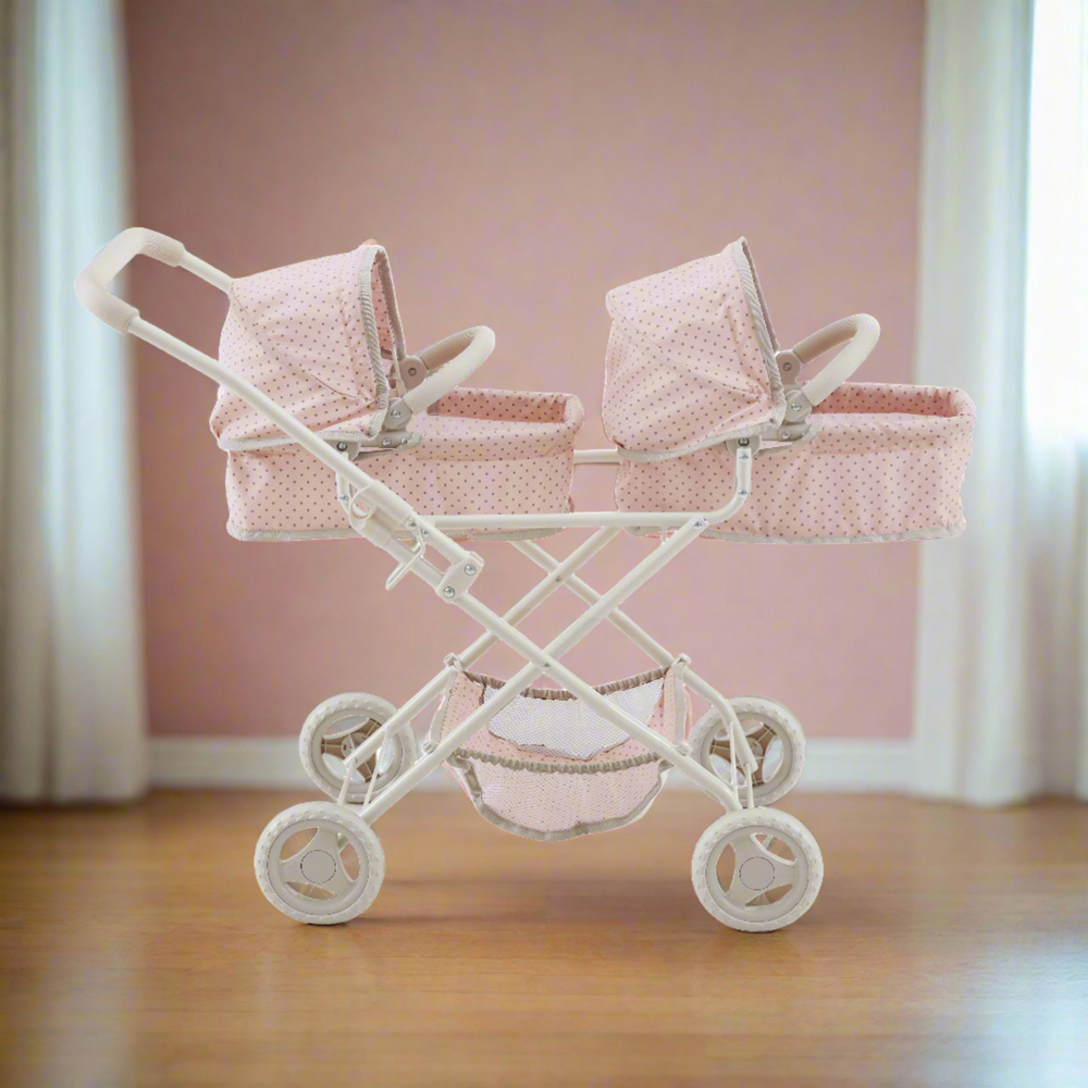 Teamson Kids Olivia's Little World Pink Polka Dot Princess Double Bassinet Stroller Image 2