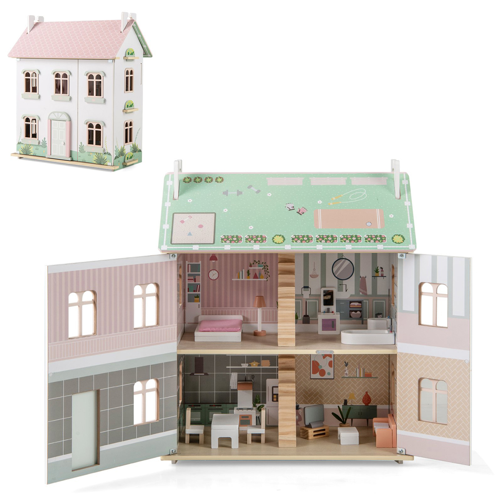 Costway Kids Multicolour Wooden Dollhouse with Furniture and Accessories Image 3