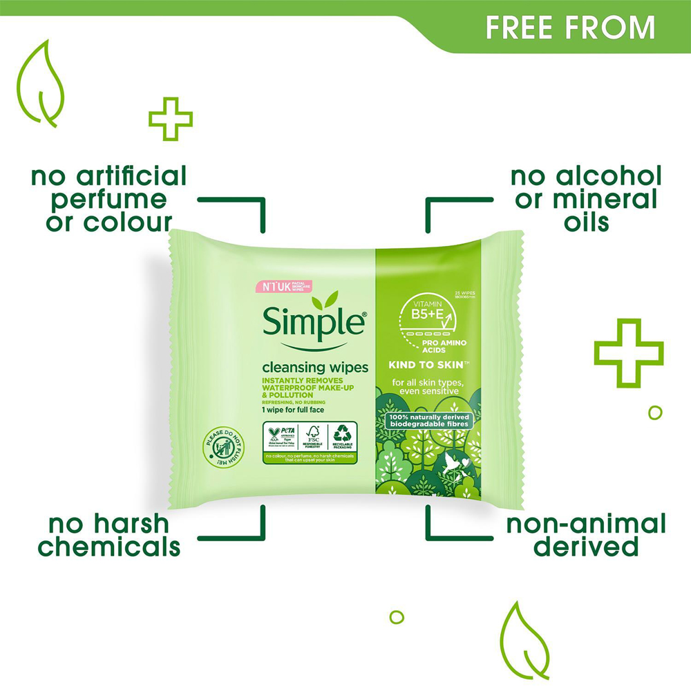 Simple Kind to Skin Double Sided Cleansing Biodegradable Facial Wipes 2 Pack Image 4
