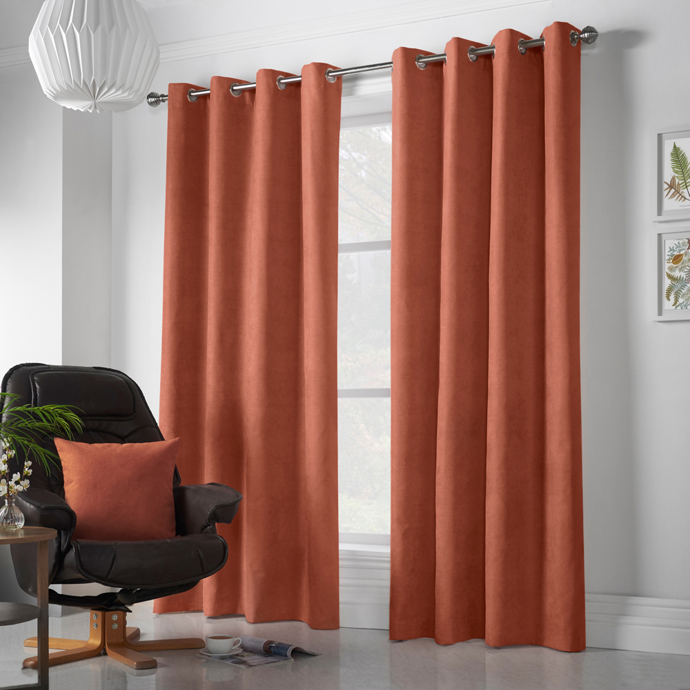 Alan Symonds Orange Velvet Chenille Ring Top Eyelet Curtains 142 x 137cm Image 4