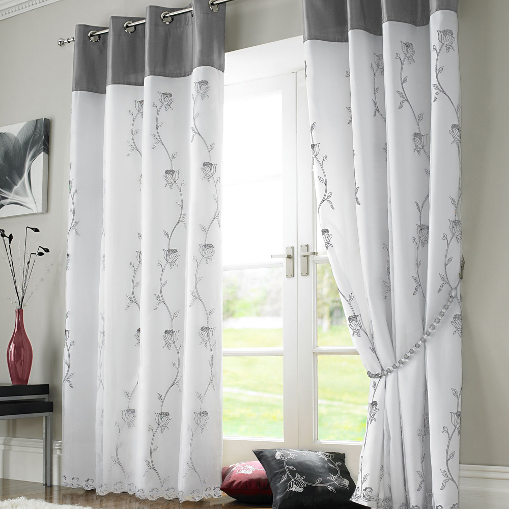 Alan Symonds Tahiti Silver and White Floral Lined Ring Top Eyelet Voile Curtains 142 x 137cm Image 1