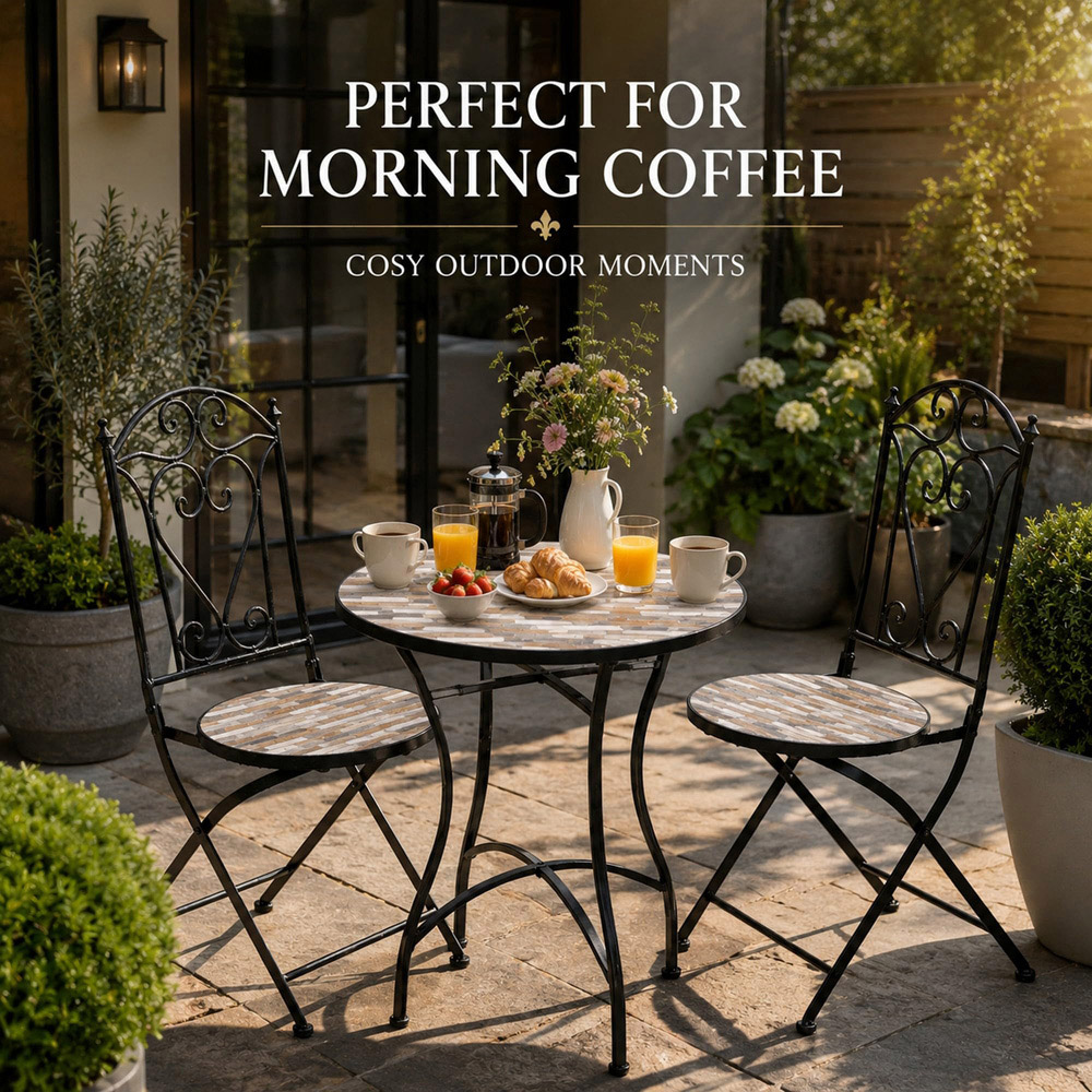 Shatchi Oasis 2 Seater Mosaic Ceramic Tile Top Foldable Bistro Set Image 7