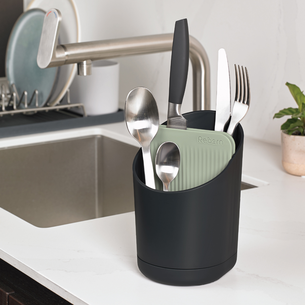 ReBorn Charcoal Grey and Sage Green Compact Plastic Cutlery Drainer with Knife Safety Slot Image 2