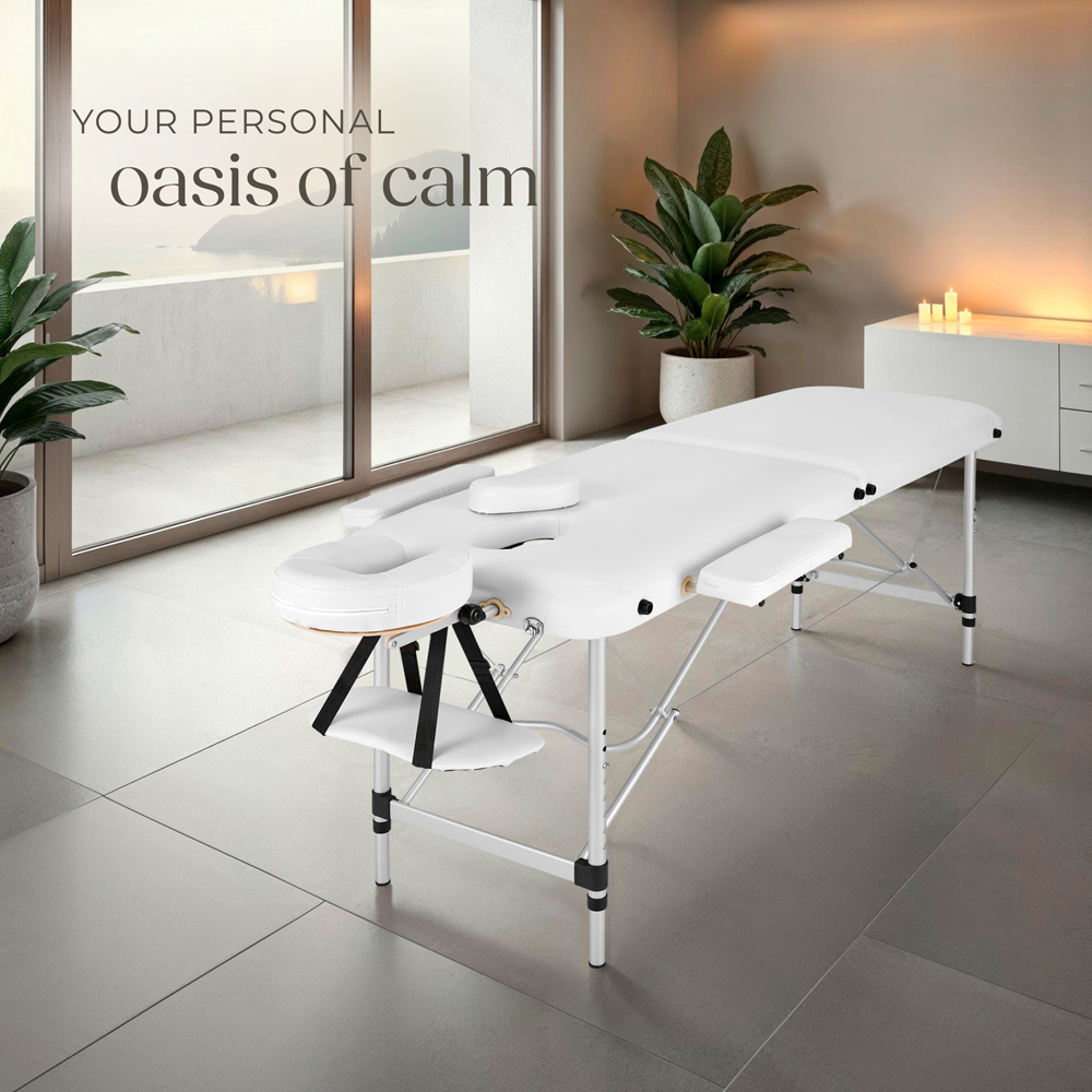 Massage Table - 2-zone bed with aluminium frame, bolsters, carry bag, head- and armrests - White Image 2