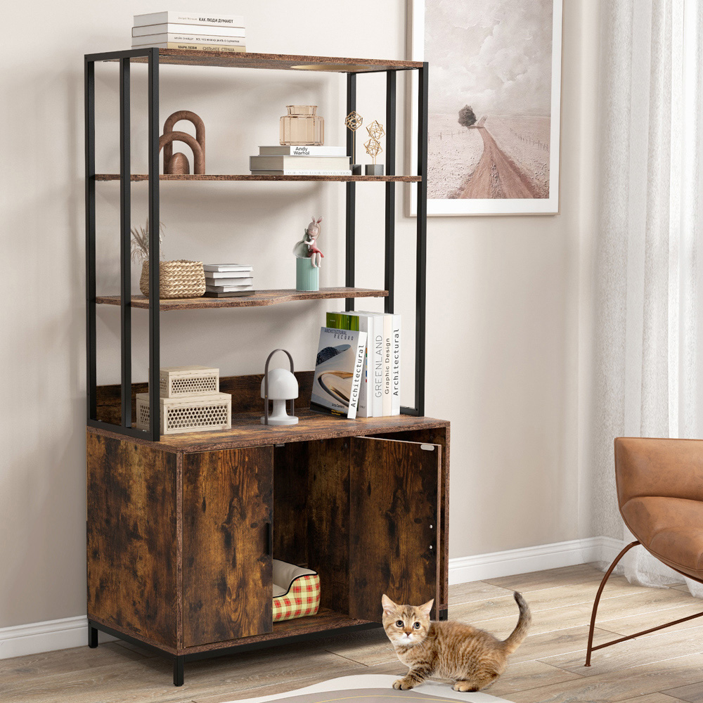 Costway Coffee Cat Litter Box with Shelves Image 3