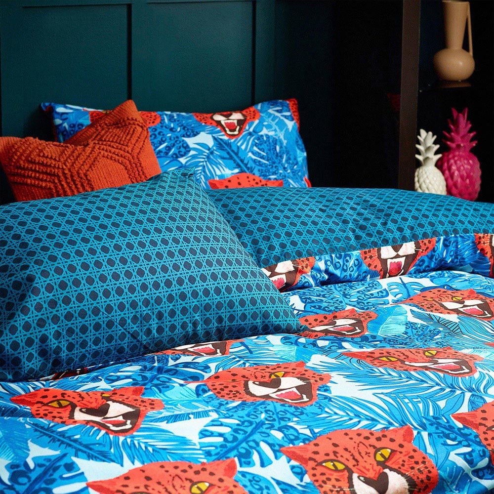 furn. Untamed Double Blue Cheetah Botanical Duvet Cover Set Image 2