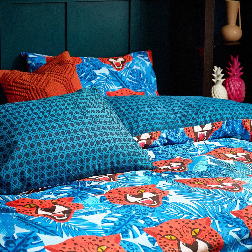 furn. Untamed Super King Size Blue Cheetah Botanical Duvet Cover Set Image 2