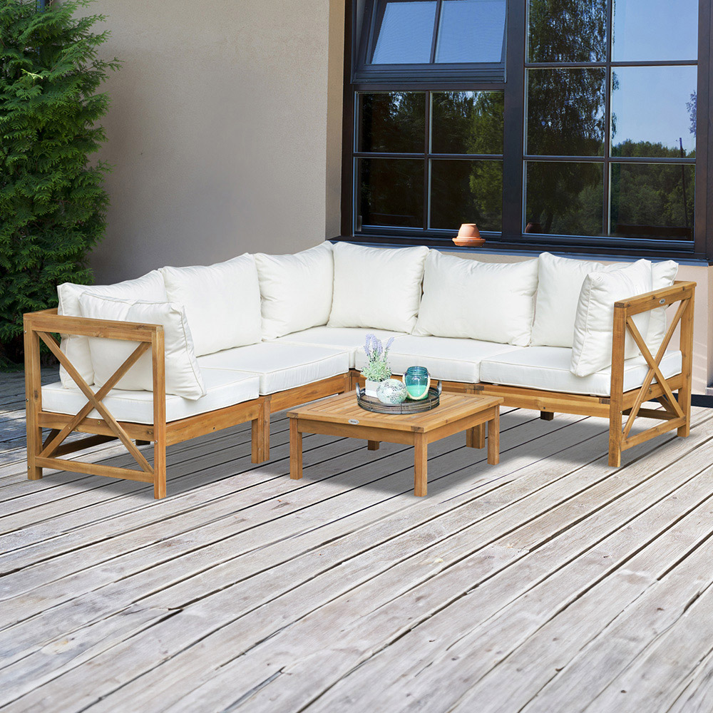 Outsunny 4 Seater Cream White Acacia Wood Garden Sofa Set Image 1