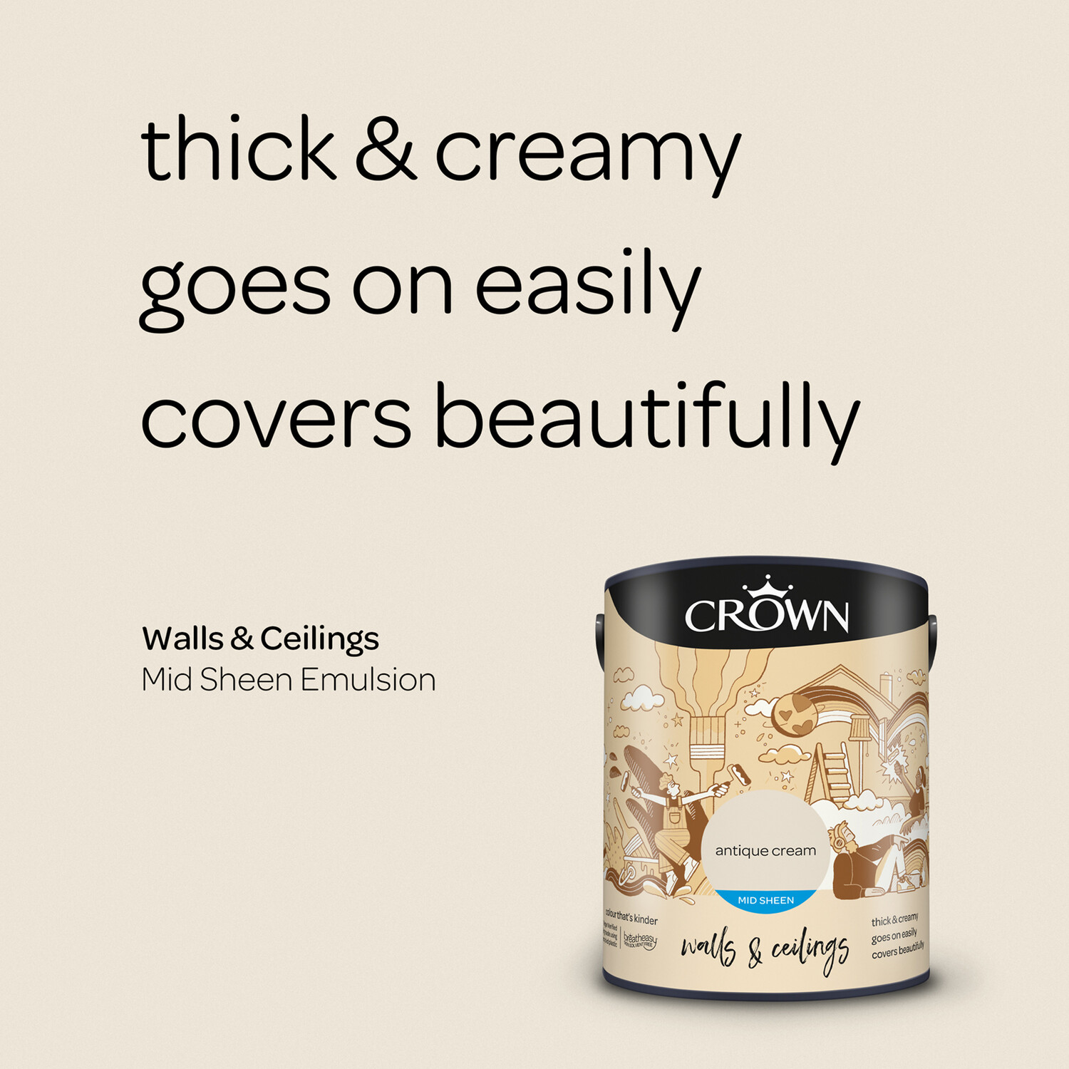 Crown Walls & Ceilings Antique Cream Mid Sheen Emulsion Paint 5L Image 8