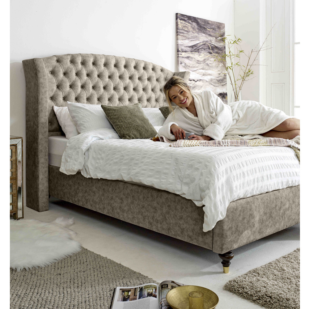 Eleganza Roseland Super King Size Taupe Oakland Fabric Bed Frame with Chesterfield Headboard Image 5
