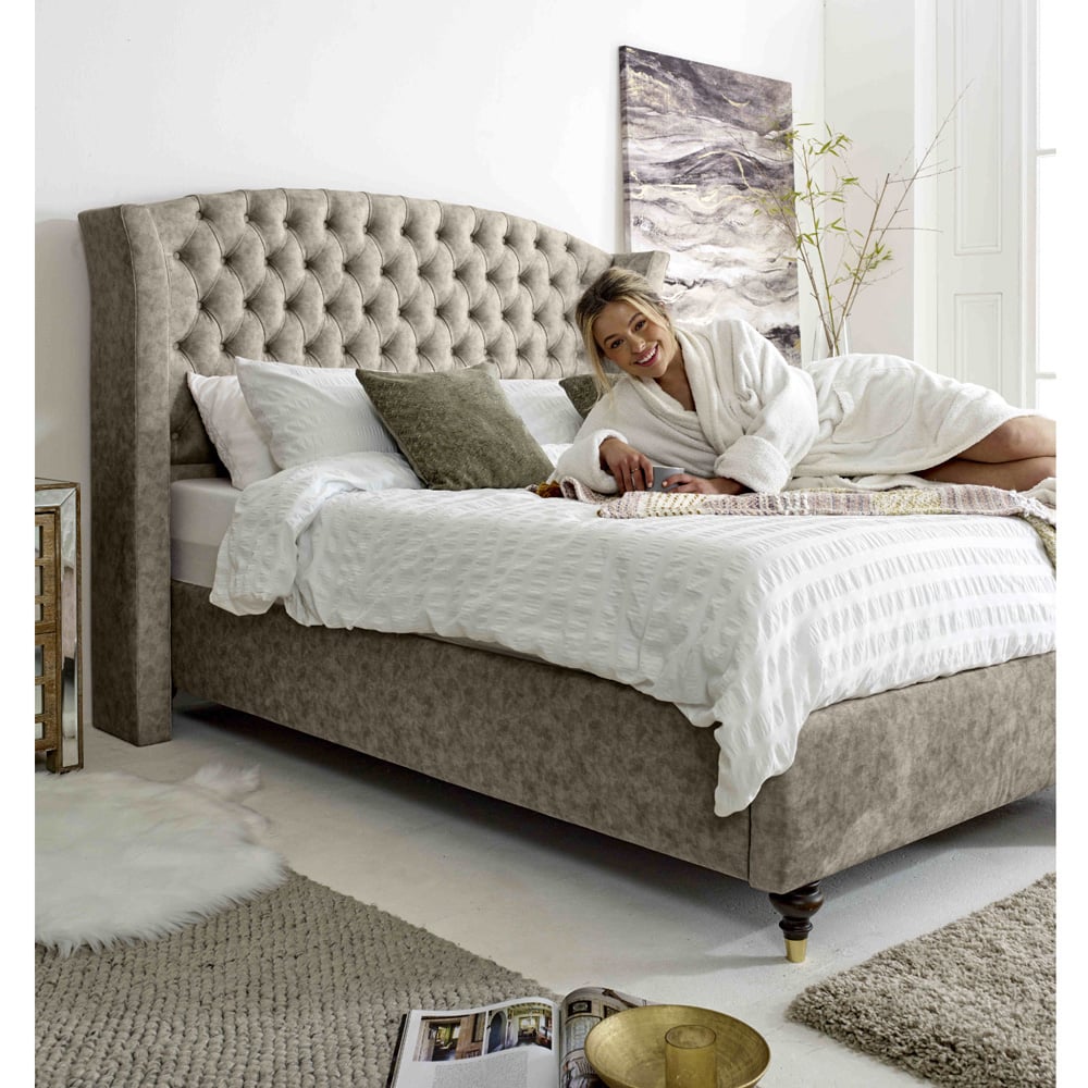 Eleganza Roseland Small Double Taupe Oakland Fabric Bed Frame with Chesterfield Headboard Image 6