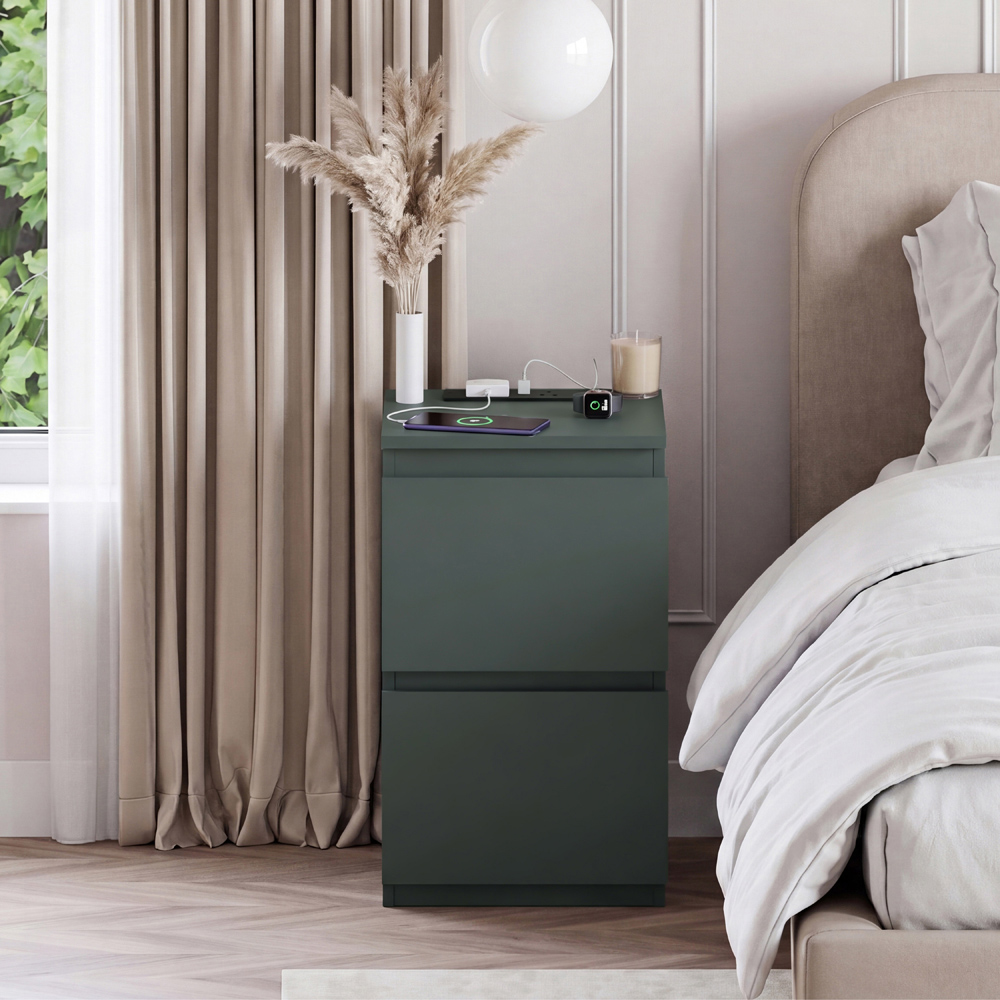 VIDA DESIGNS Denver 2 Drawer Green Bedside Chest with Power Outlet Image 3