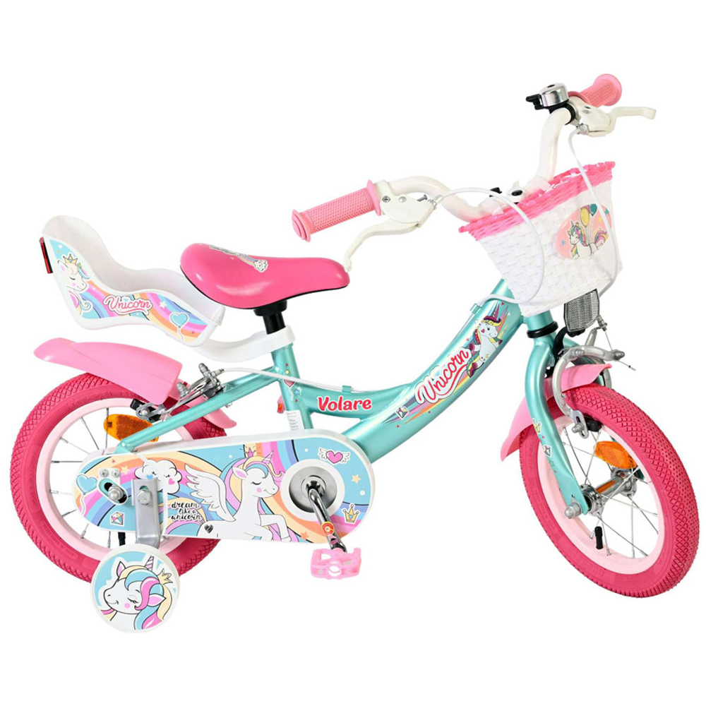 Volare Unicorn Kids 12 inch Green and Pink Bike with Stabilisers Doll Seat and Basket Image 4