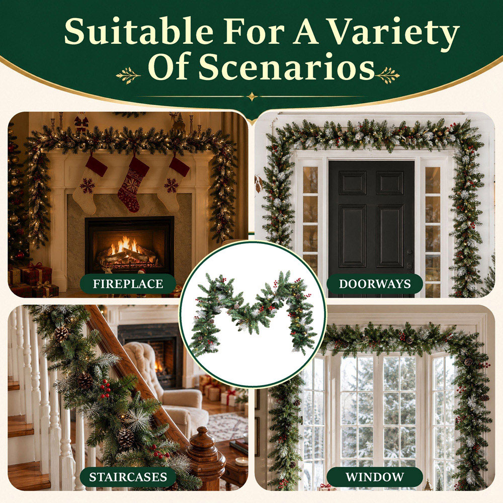 Abrihome 50 Warm White LED Artificial Christmas Garland with Tips Pinecones and Red Berries 270cm Image 7