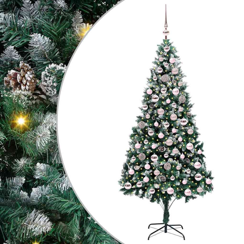 vidaXL Pre-Lit Pink Baubles Green Artificial Christmas Tree 7ft Image 2