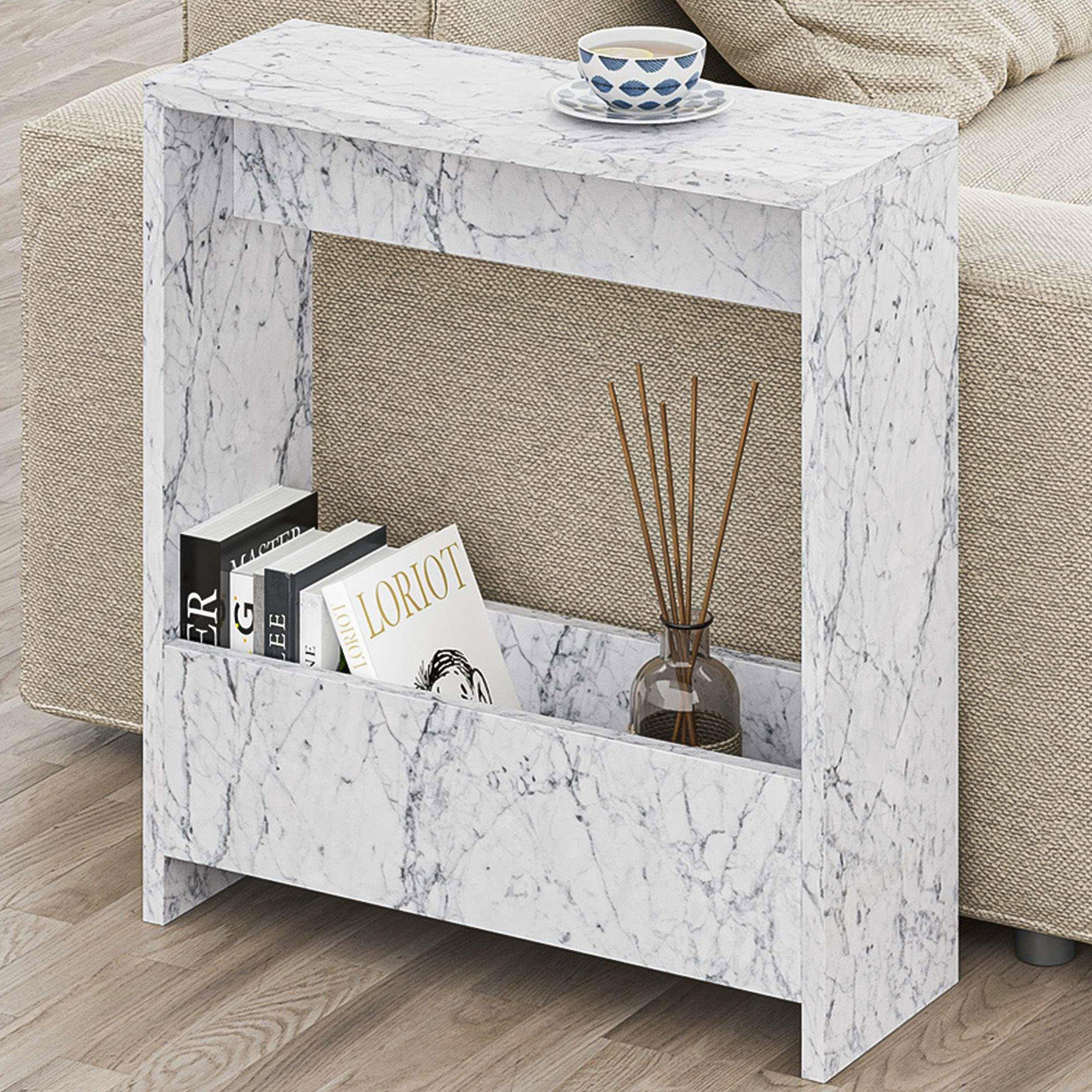 Decortie Simpi Single Shelf White Marble Effect Modern Side End Table Image 1