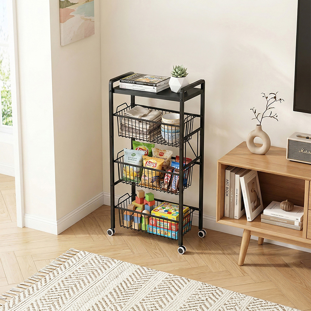 Living and Home 4-Tier Black Carbon Steel Pull-Out Storage Trolley Image 2