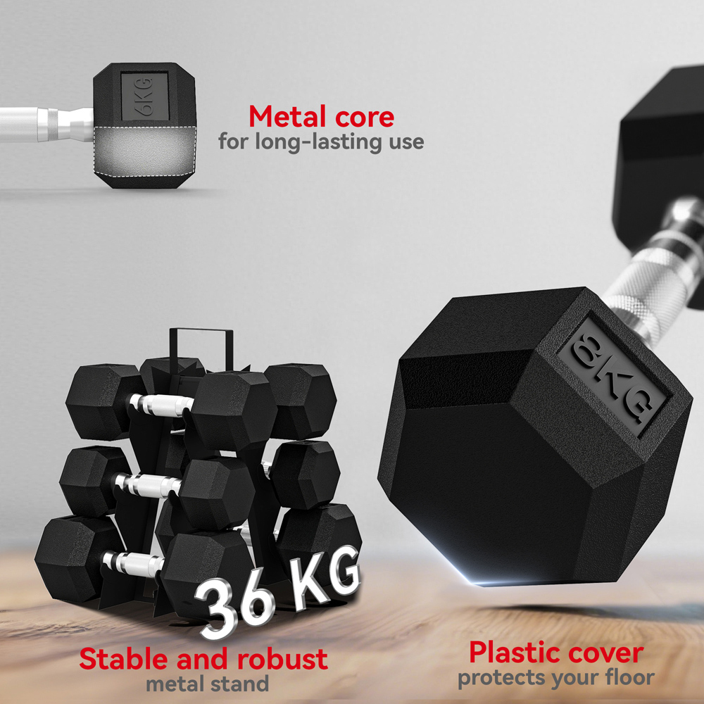 SPORTNOW Black Hex Dumbbell Set with Storage Rack 36kg 6 Pack Image 6