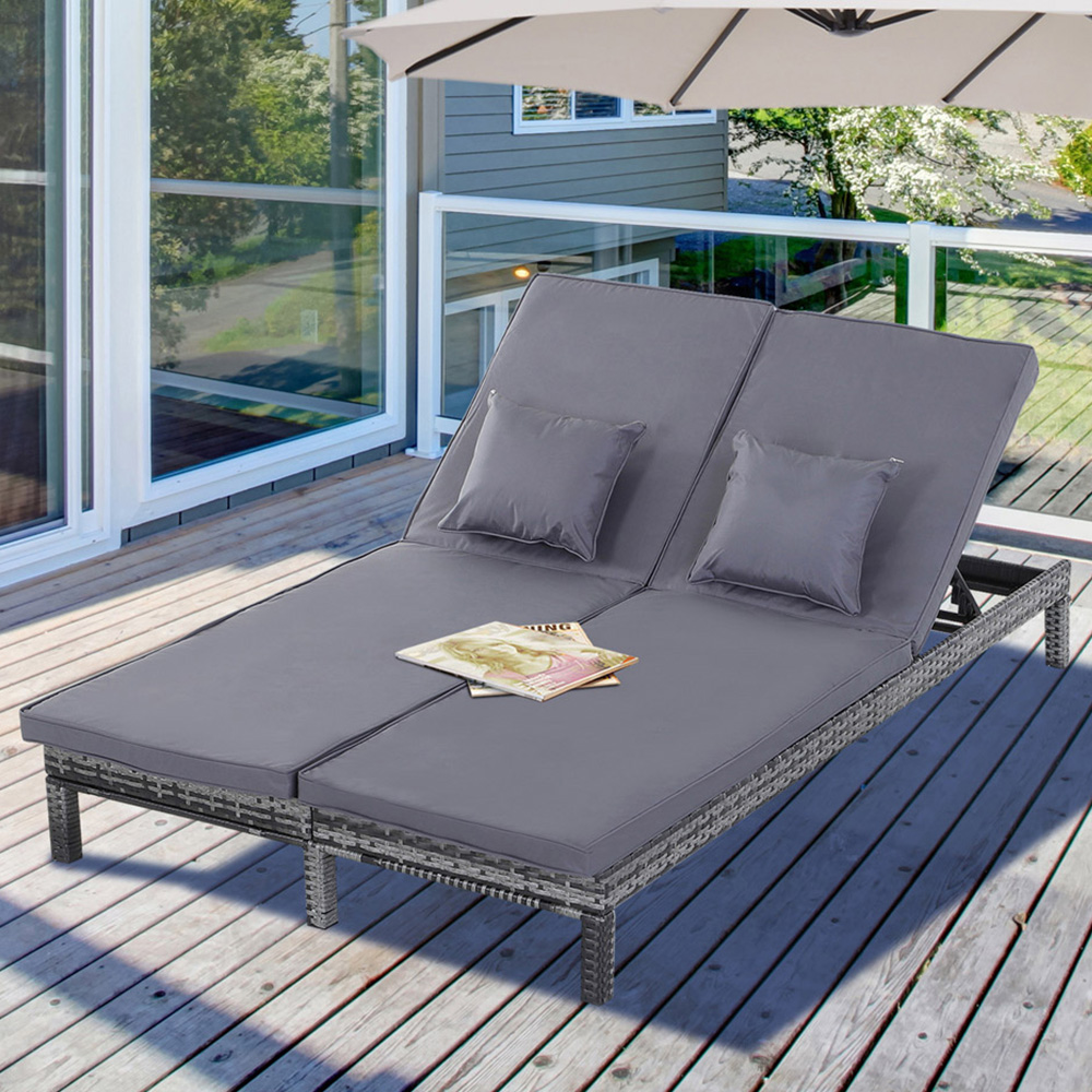 Outsunny 2 Seater Grey Rattan Sun Lounger Image 1