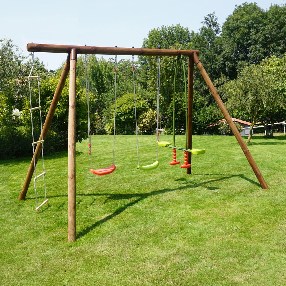 Soulet Gabin Kids Wooden Triple Swing Set with Rope Ladder Image 2