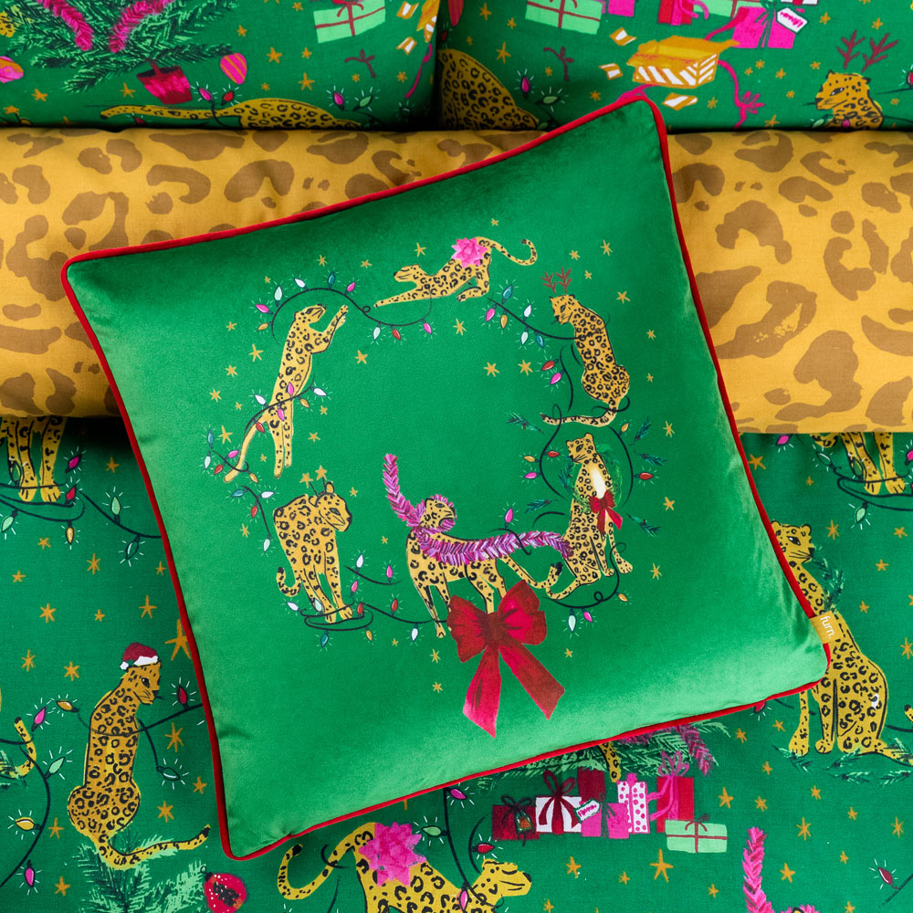 furn. Purrfect Green and Gold Leaping Leopards Velvet Piped Cushion Image 2