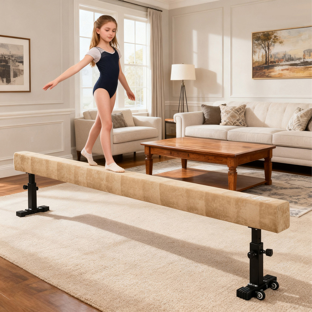 HOMCOM Natural Adjustable Gymnastics Balance Beam with Wheels Image 5