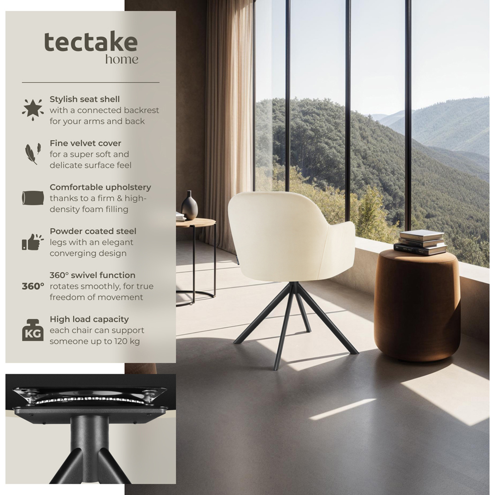 tectake Set of 6 Cream and Black Velvet Fabric Swivel Accent Armchair Image 6