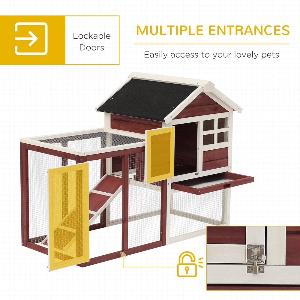PawHut Red Wooden 2 Tier Rabbit Hutch with Ladder Image 5