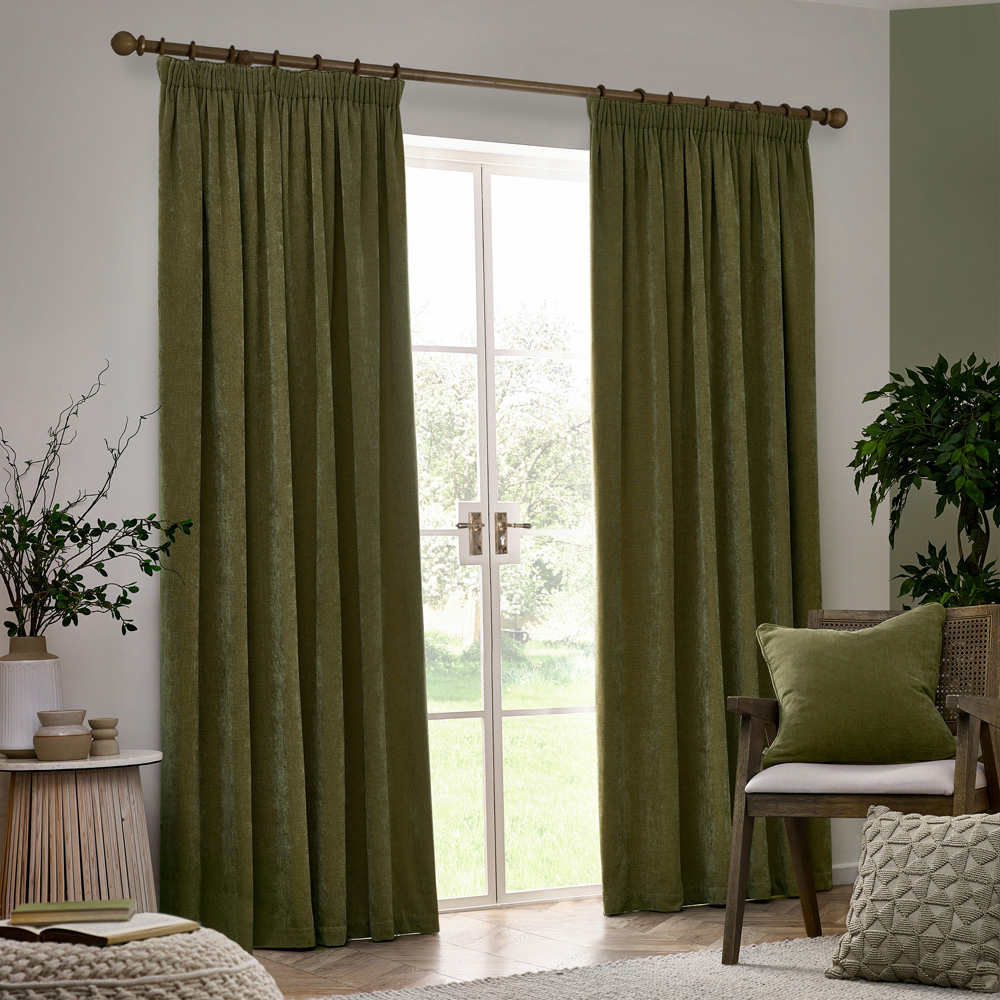 Yard Heavy Olive Chenille Velvet Pencil Pleat Curtains 117 x 137cm Image 5