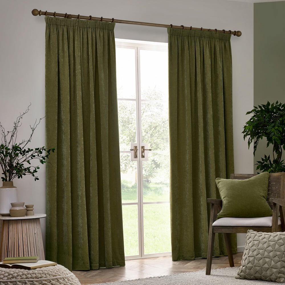 Yard Heavy Olive Chenille Velvet Pencil Pleat Curtains 168 x 229cm Image 5