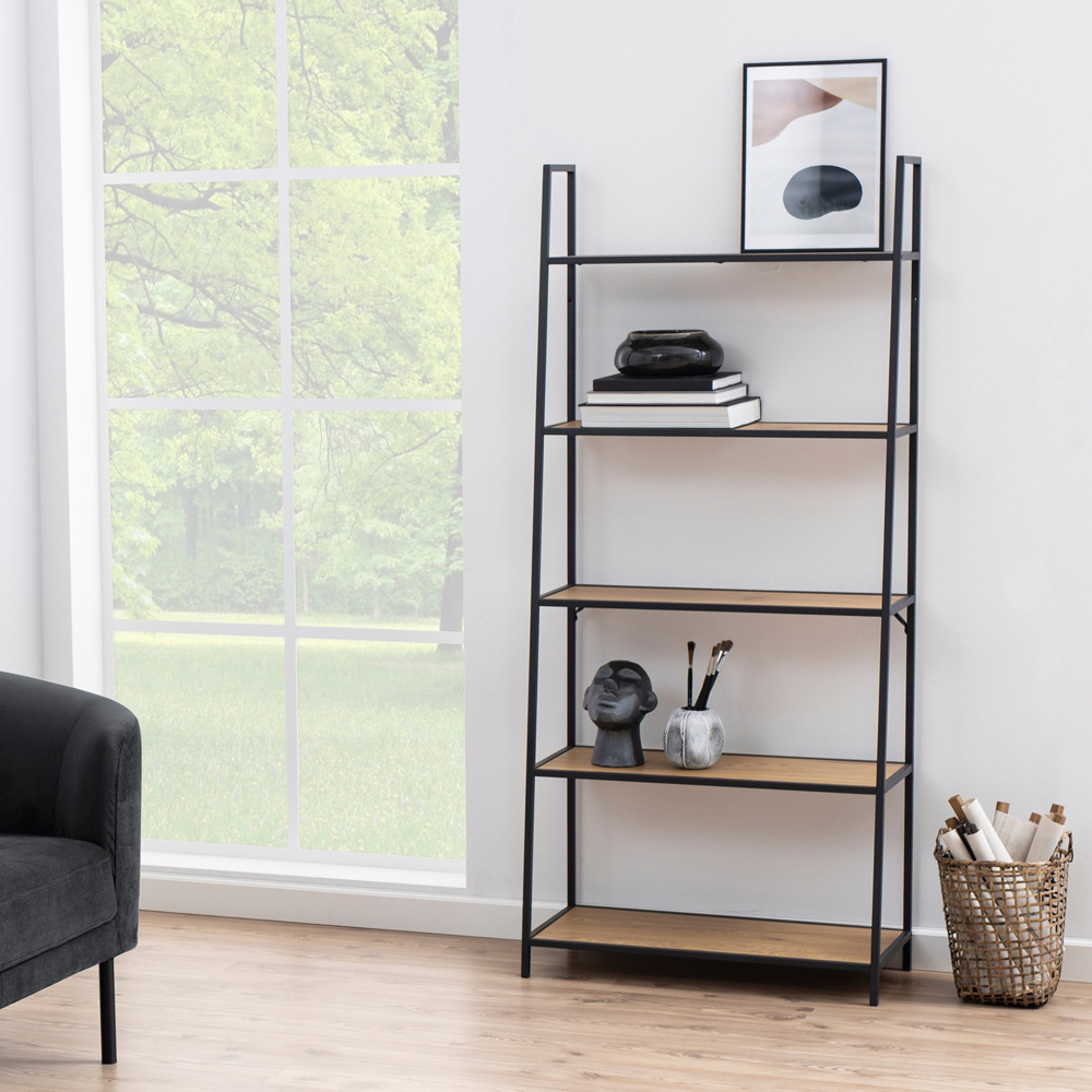 Florence Seaford 5 Shelf Oak and Black Metal Ladder Bookcase Image 9