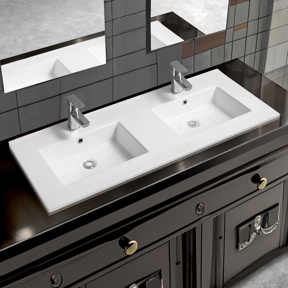 Limoge White Ceramic Thin Edge Double Inset Basin with Rectangular Bowl 1210mm Image 2