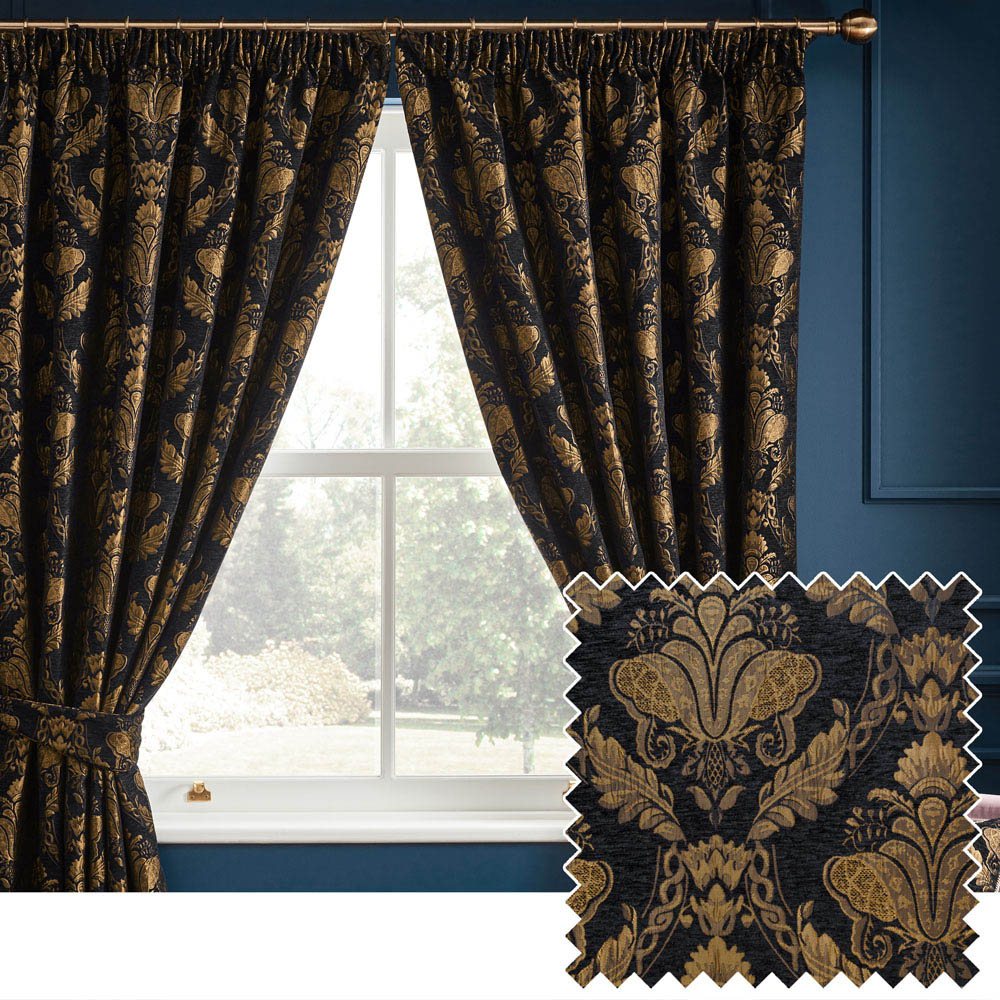 Paoletti Shiraz Black Traditional Jacquard Pencil Pleat Curtains 168 x 183cm Image 5