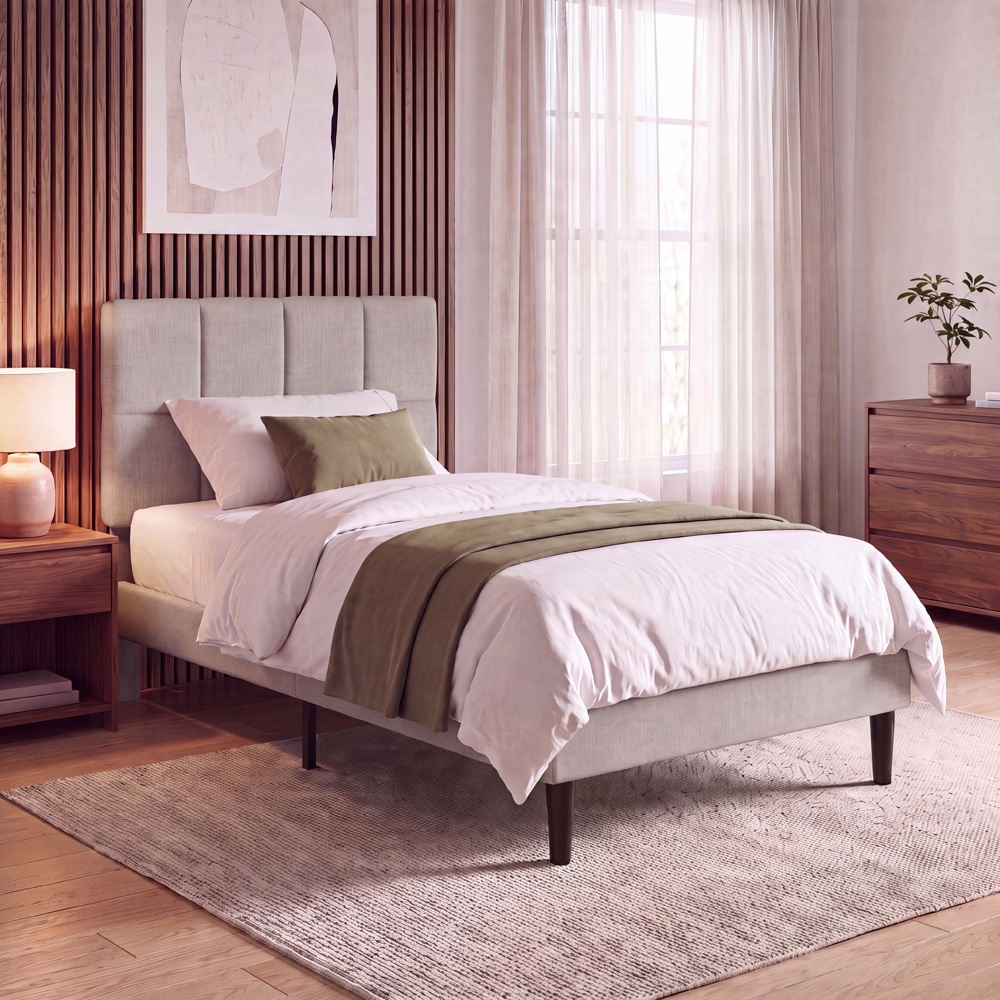 VIDA DESIGNS Velmora Single Beige Linen Fabric Bed with Memory Foam Bonnell Spring Mattress Image 8