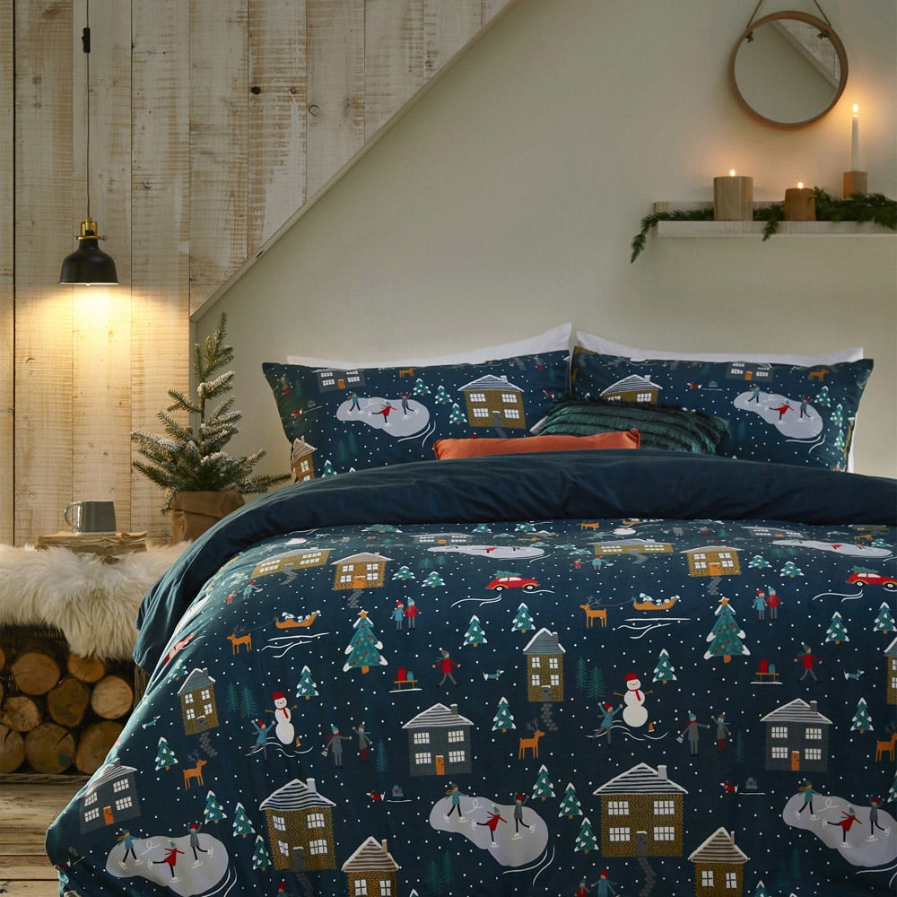 furn. Winter Pines Single Navy Pyjama Fleece Duvet Cover Set Image 1
