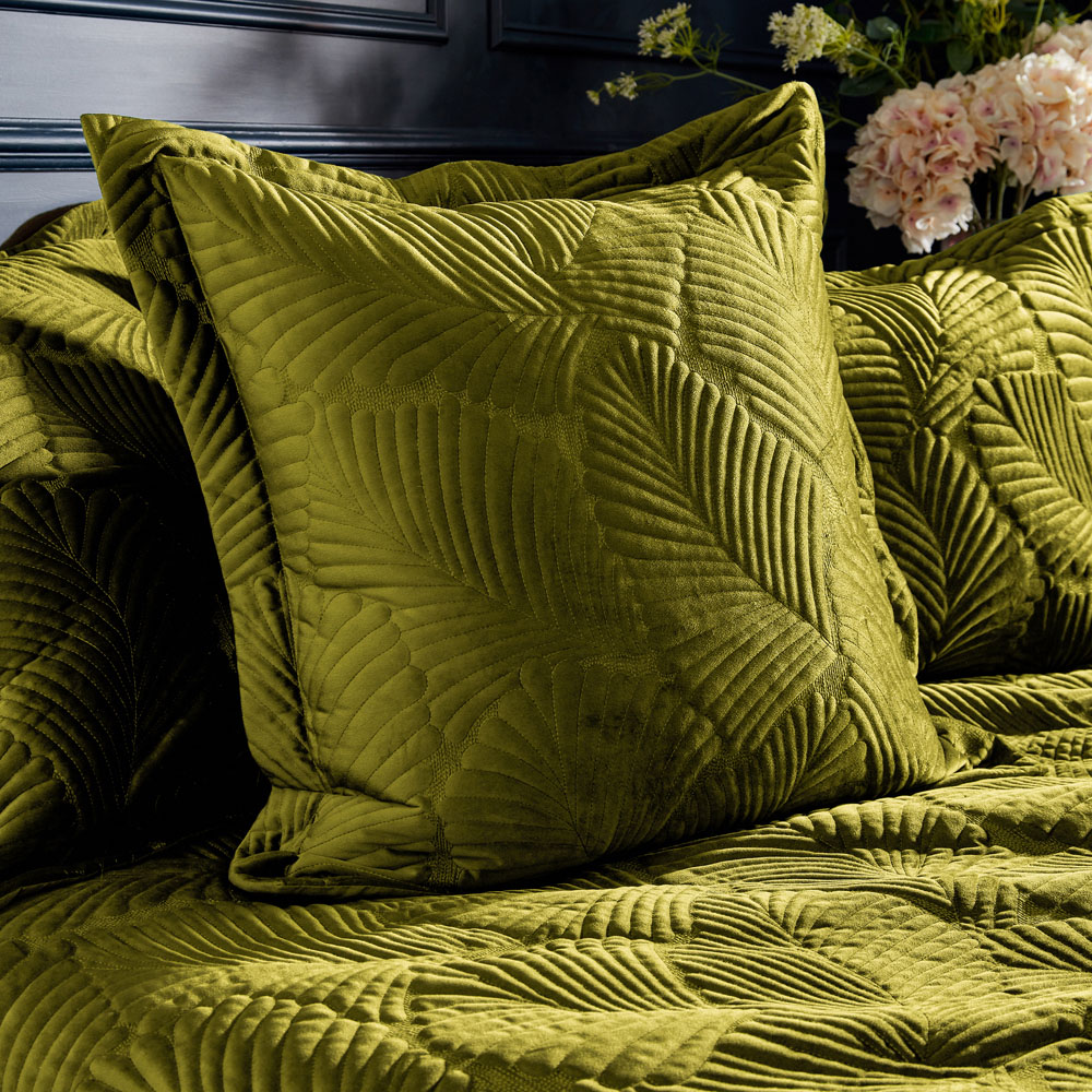 Paoletti Palmeria Moss Quilted Velvet Cushion Image 2