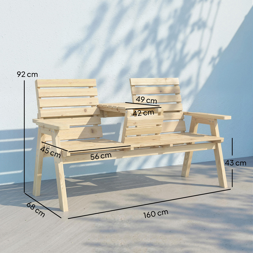 Outsunny 3 Seater Natural Wooden Convertible Garden Bench with Centre Table Image 8
