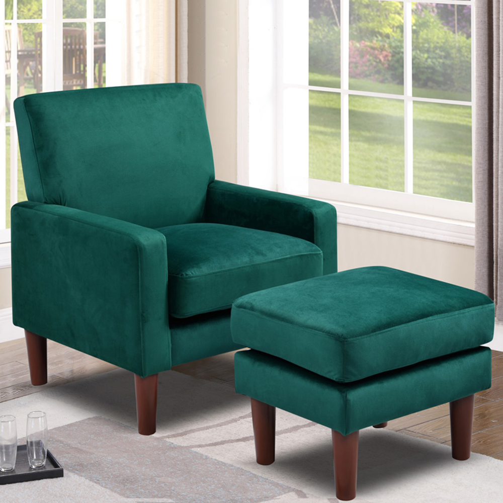 Brooklyn Green Plush Velvet Armchair with Footstool Image 1