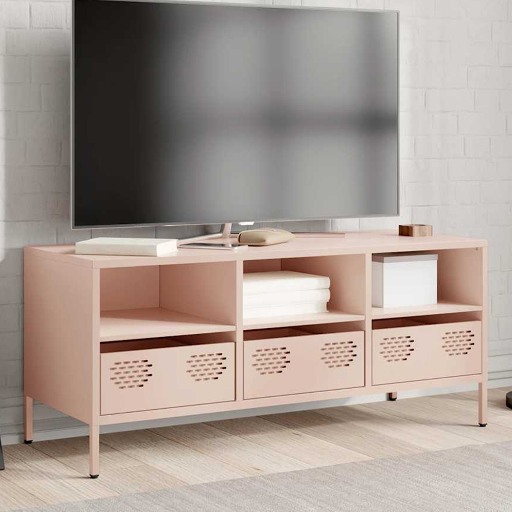 vidaXL 3 Drawer 3 Shelf Pink Steel Industrial Style TV Cabinet Image 1