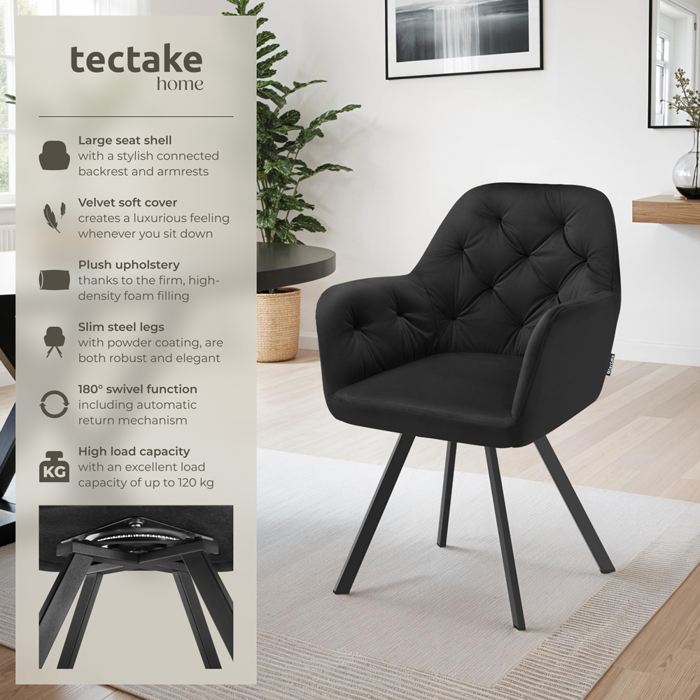 tectake Lucia Black Padded and Quilted Swivel Armchair Set of 4 Image 3