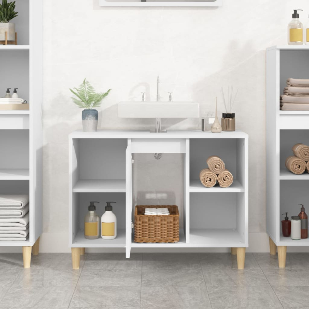 vidaXL Single Door 4 Shelf White Wood Washbasin Cabinet Image 9
