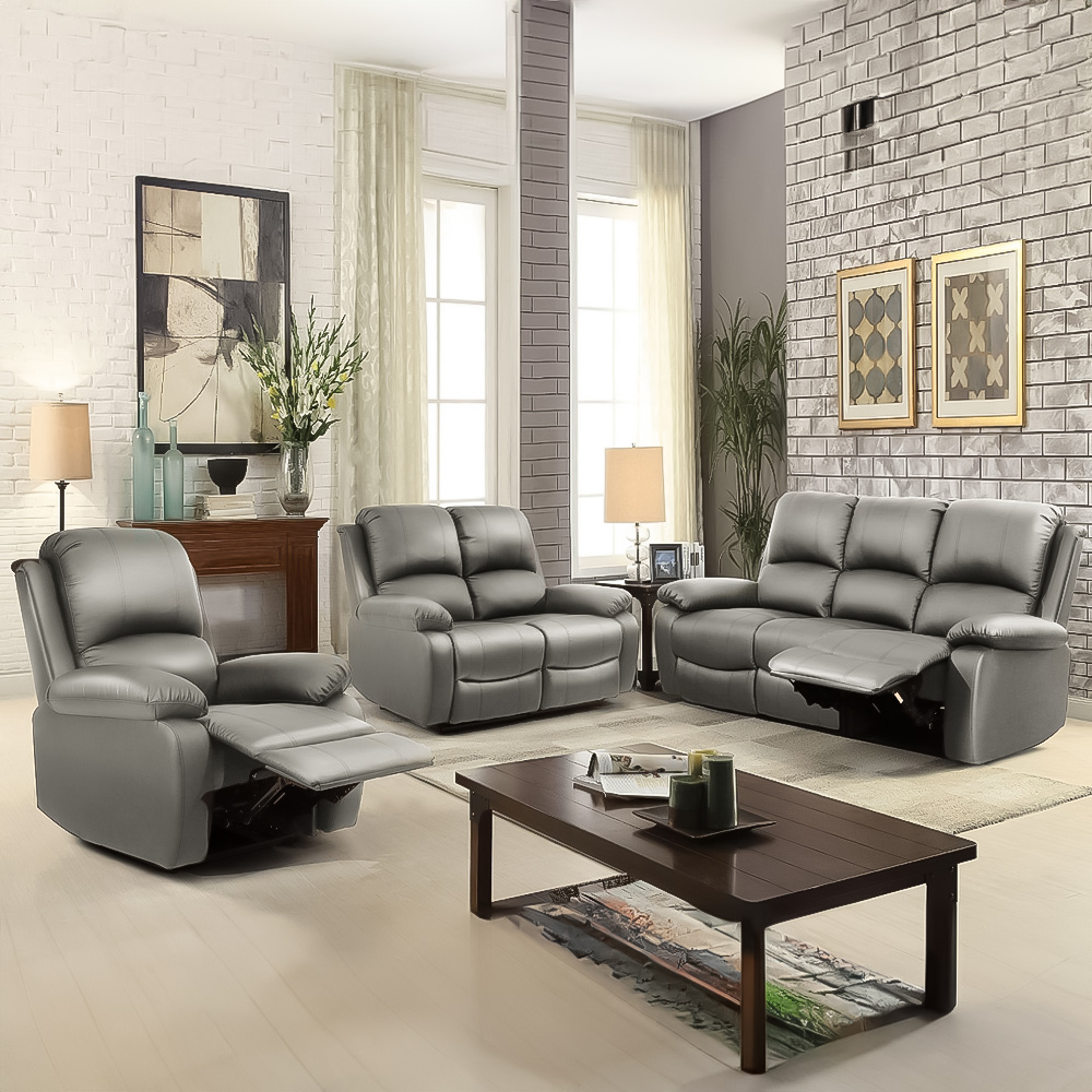 Brooklyn 6 Seater Light Grey Bonded Leather Manual Recliner Sofa Set Image 1