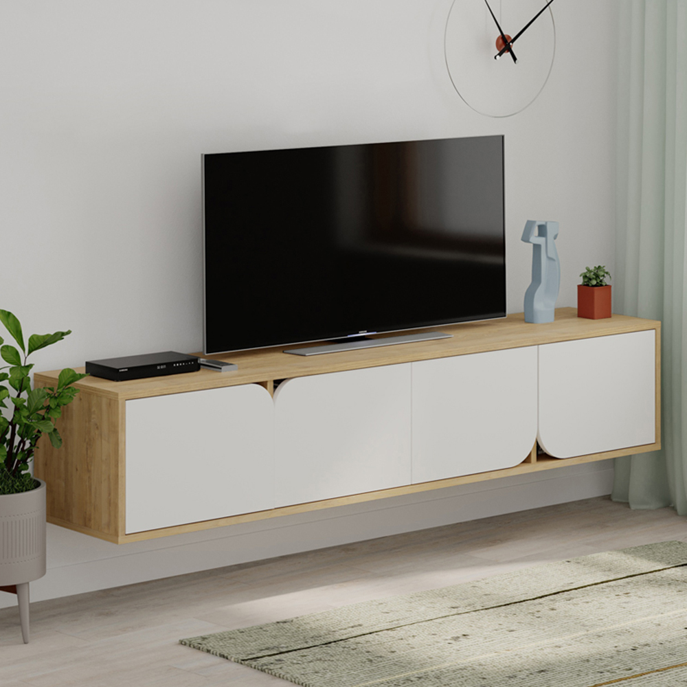 Decortie Spark 4 Door Oak White Modern TV Unit Image 1