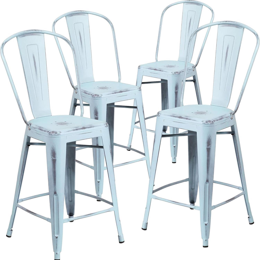 FWStyle Antique Pastel Blue Steel Bar Stools Set of 4 Image 2