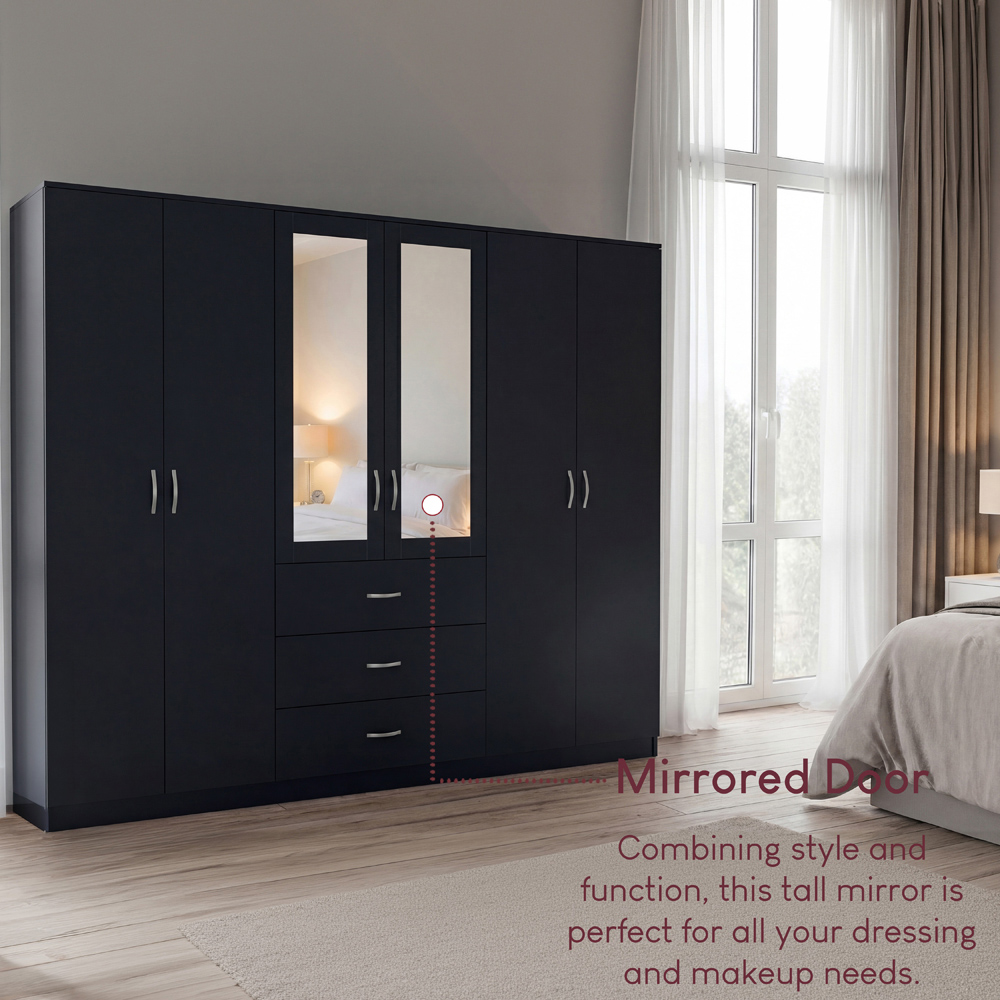 VIDA DESIGNS Riano 6 Door 3 Drawer Black Mirrored Wardrobe Image 7