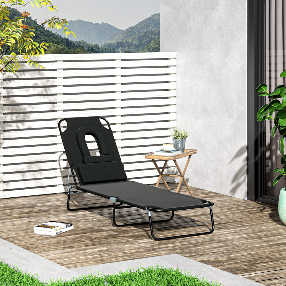 Outsunny Black 4 Level Reclining Sun Lounger with Reading Hole Image 7