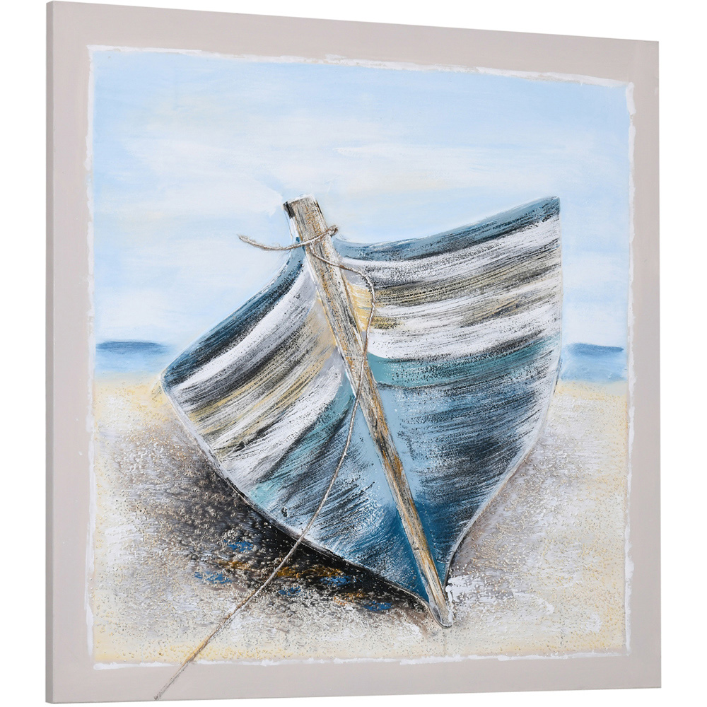 HOMCOM Hand-Painted Blue Boat in the Beach Wall Art Canvas 90 x 90cm Image 1